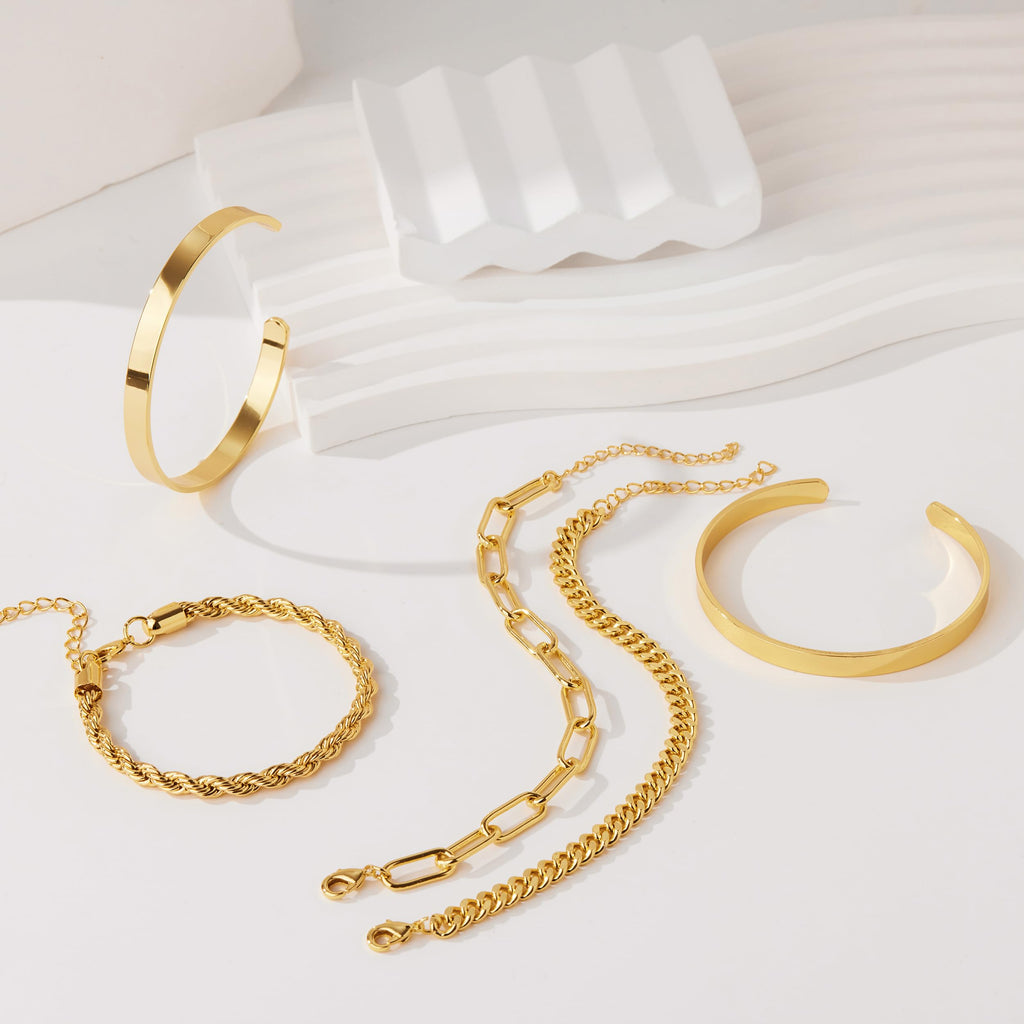 Gokeey Gold Bracelets Set for Women Non Tarnish, Waterproof 14K Gold Plated Sterling Silver Chunky Cuff Bracelet Stackable Gold Bangles Bracelet for Women Trendy Fashion Accessories Tie Knot Cuban Rope Paperclip Beaded Bracelet Stack Jewelry Mothers Day G