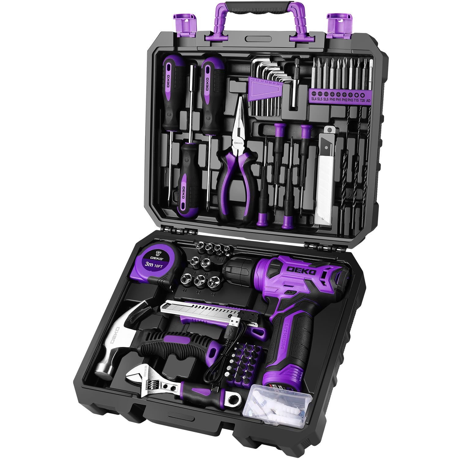 DEKOPRO Drill Set, Home Tool Set with 8V Pink Cordless Drill, Hand Tool Kit for Women, 126 pcs