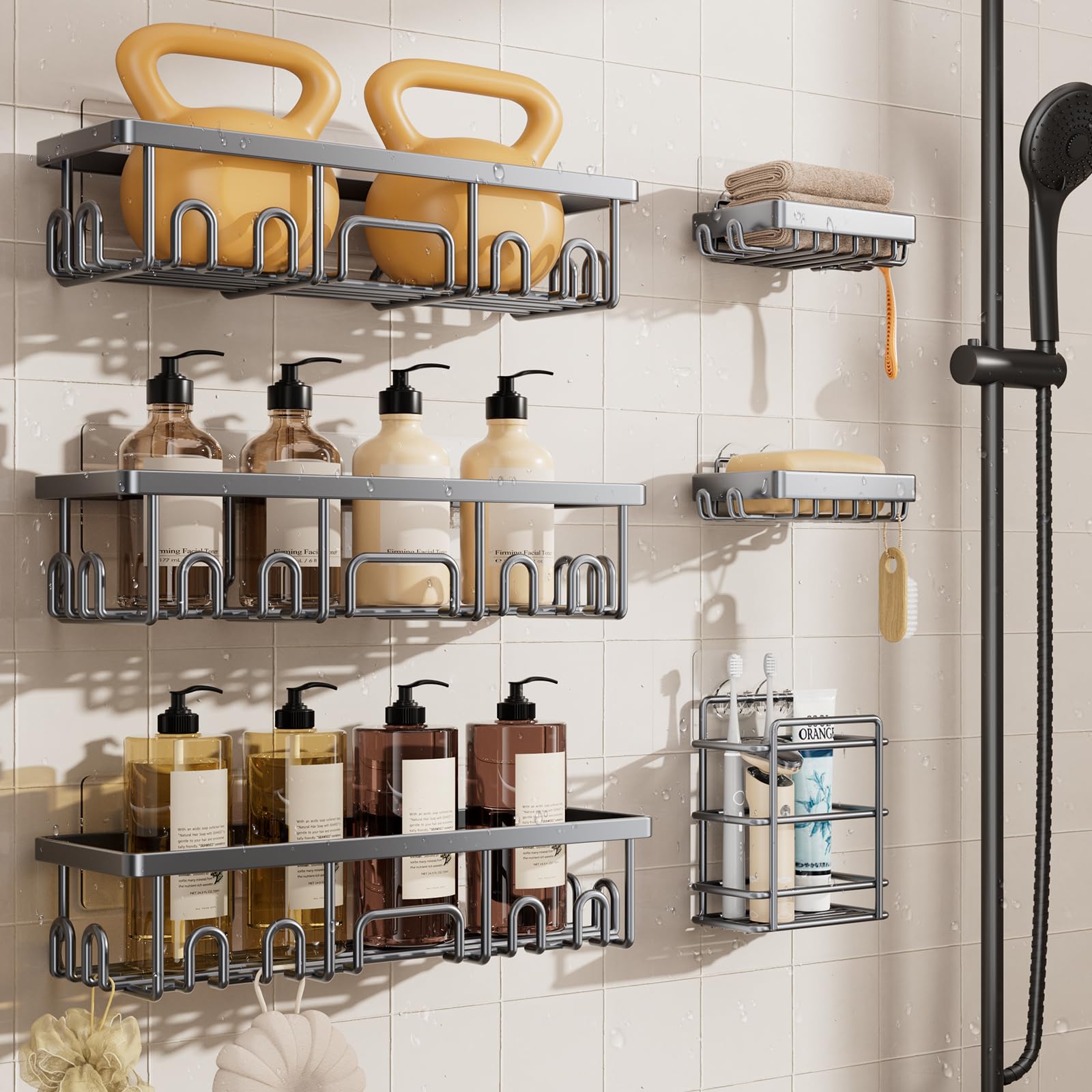 Veken Shower Caddy 6-Pack, Bathroom Organizers and Storage Shelves, Black