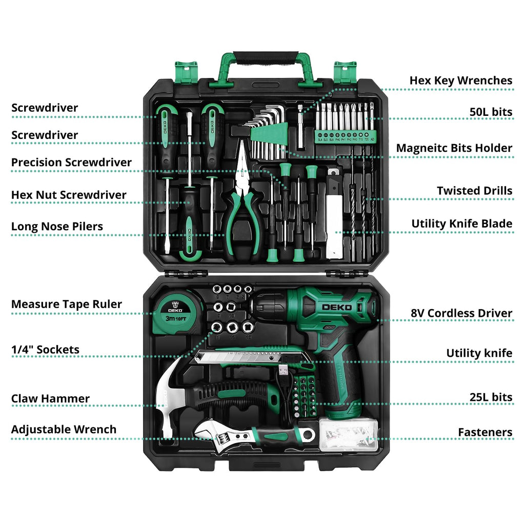 DEKOPRO Drill Set, Home Tool Set with 8V Pink Cordless Drill, Hand Tool Kit for Women, 126 pcs