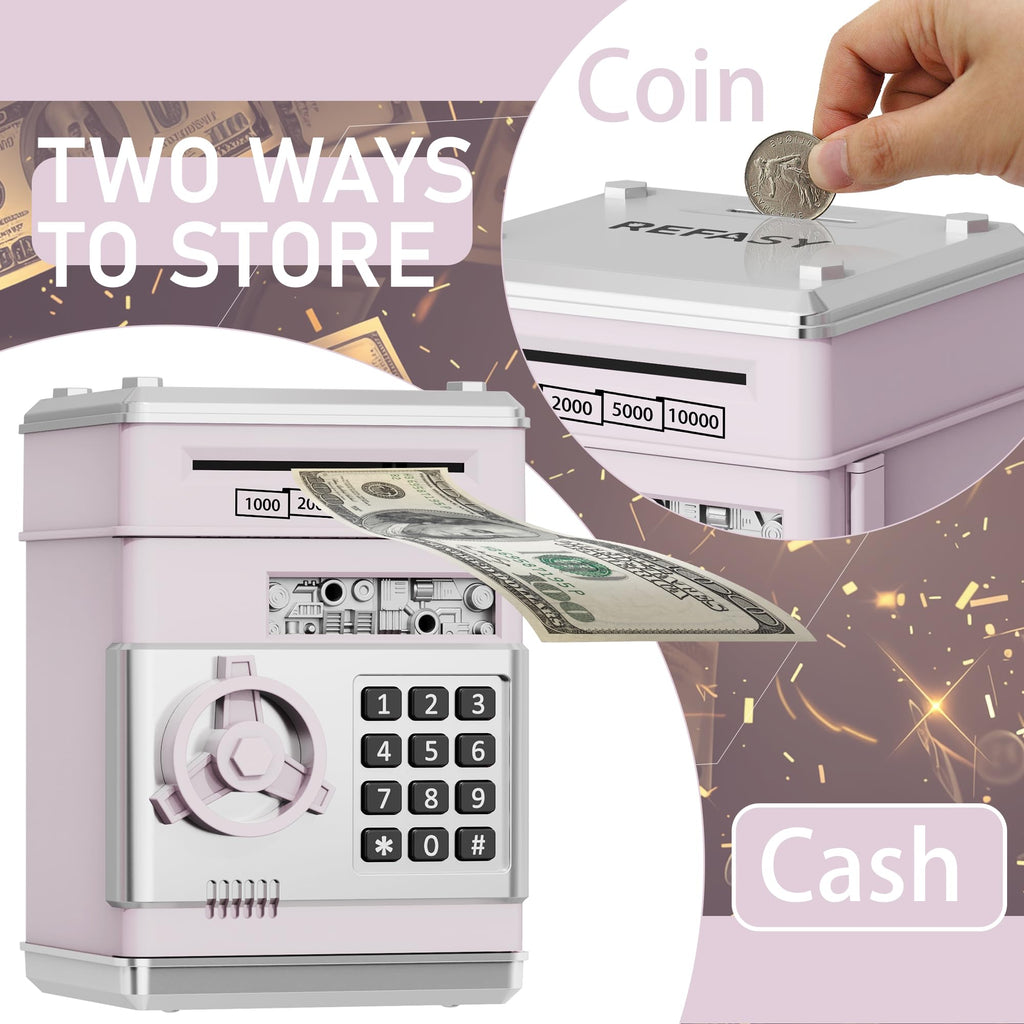 Refasy Piggy Bank Cash Coin Can ATM Bank Electronic Coin Money Bank for Kids Age 3-12, Money Savings Box Mini ATM Coin Bank Toys Gifts for 3 4 5 6 7 8 9 10 11 12 Year Old Boys Girls
