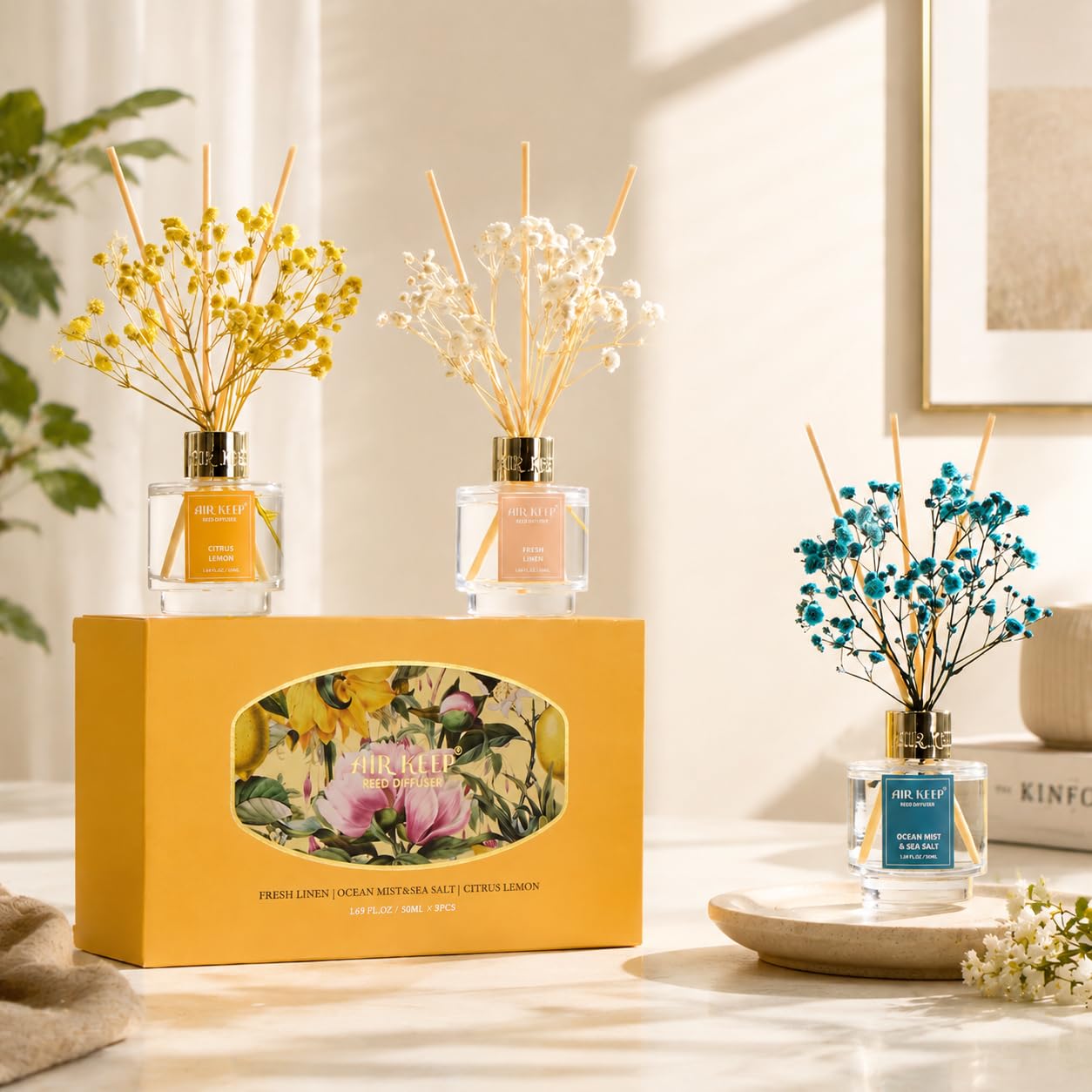 Airkeep Reed Diffuser Set of 3,Clean Linen Ocean Mist&Sea Salt Lavender Eucalyptus Oil Reed Diffusers for Bedroom Living Room Office Aromatherapy Oil Reed Diffuser for Gift 50ml x 3