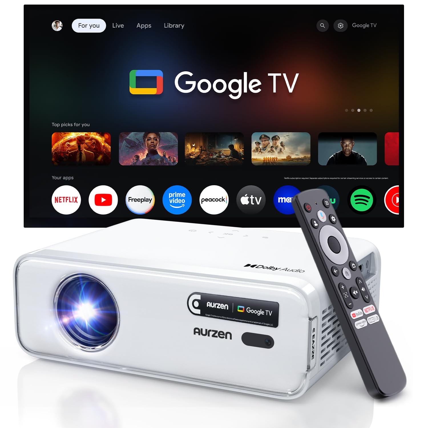 Aurzen Roku TV D1R Smart Portable Outdoor Projector with WiFi and Bluetooth