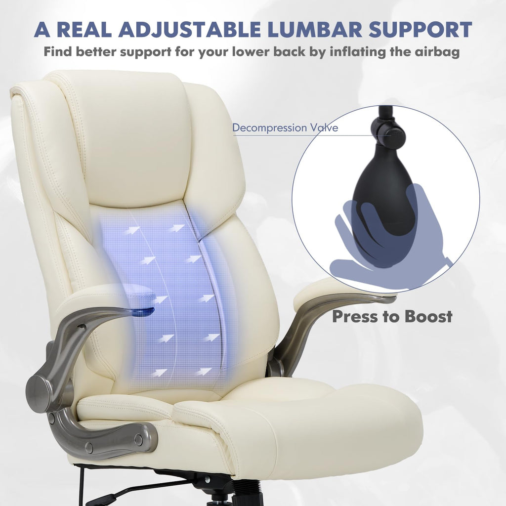 COLAMY High Back Executive Office Chair - Padded Leather Ergonomic Computer Desk Chair with Inflatable Lumbar Support & Flip-Up Arms, Adjustable Tilt Lock Swivel Task Chair for Home Office, Black