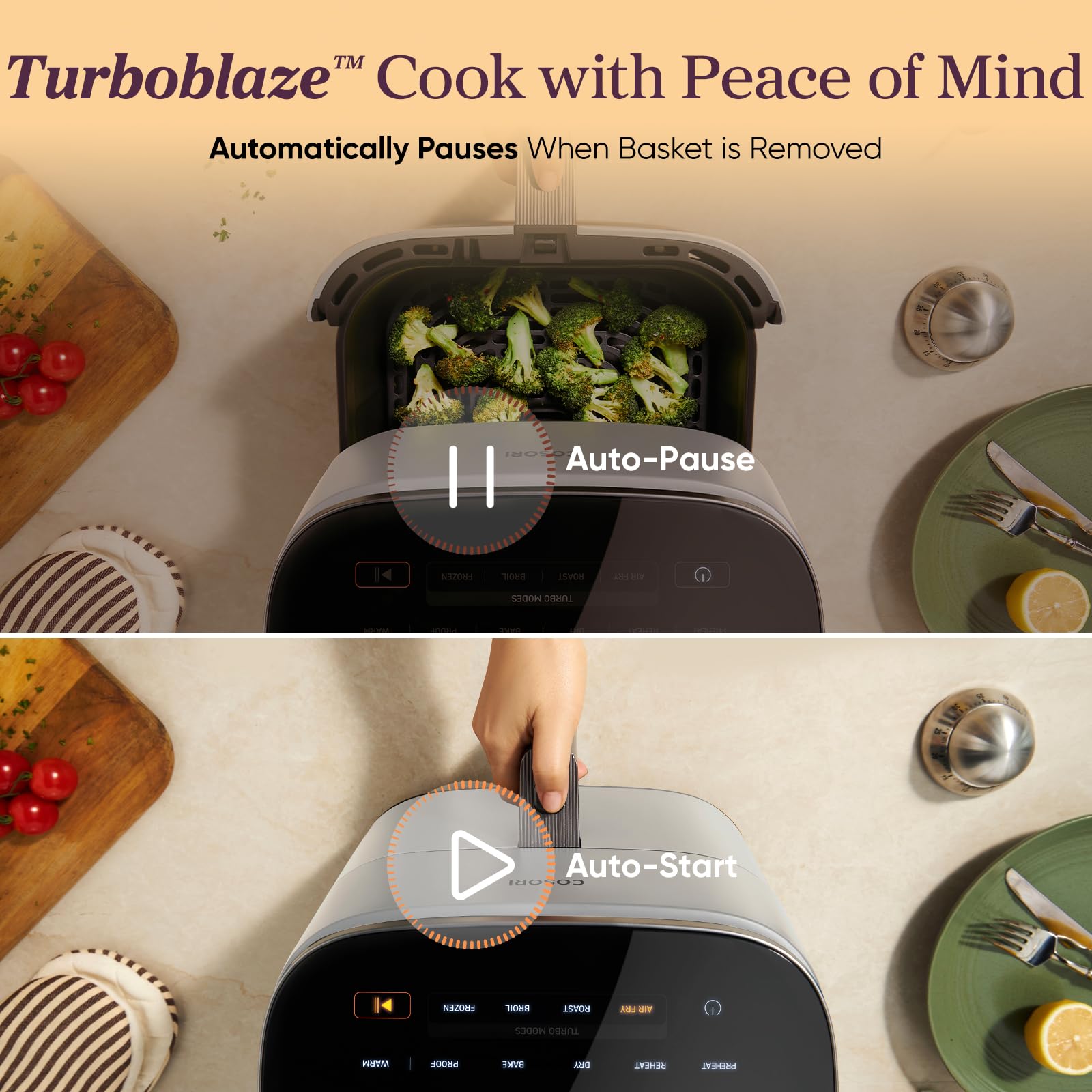 Cosori TurboBlaze Smart Air Fryer 6 Qt, Shake Reminders, 9-in-1, Cream
