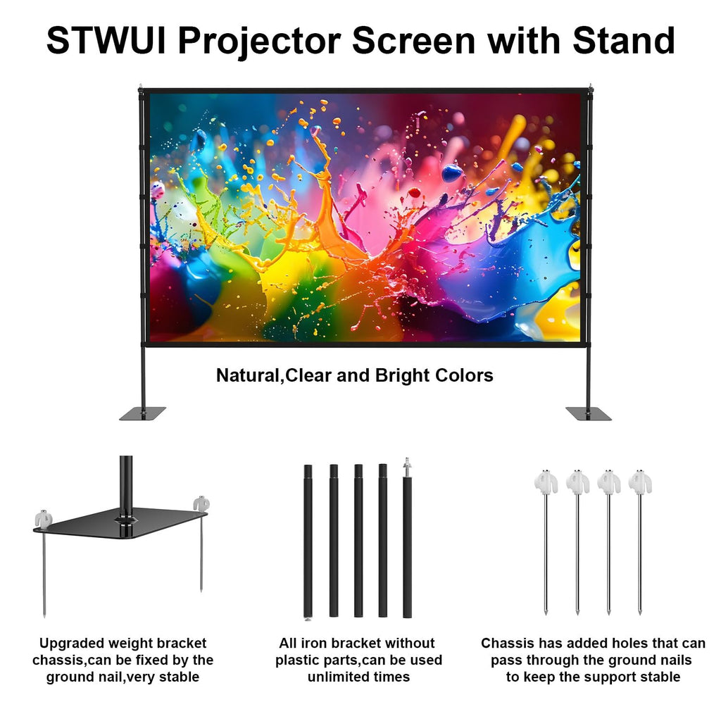 STWUI Outdoor-Projector-Screen-with-Stand - 120 inch Portable Projector Screen Indoor Outdoor Projector Screens 16:9 4K HD Lightweight Movie Screen with Carry Bag for Backyard Movie Night