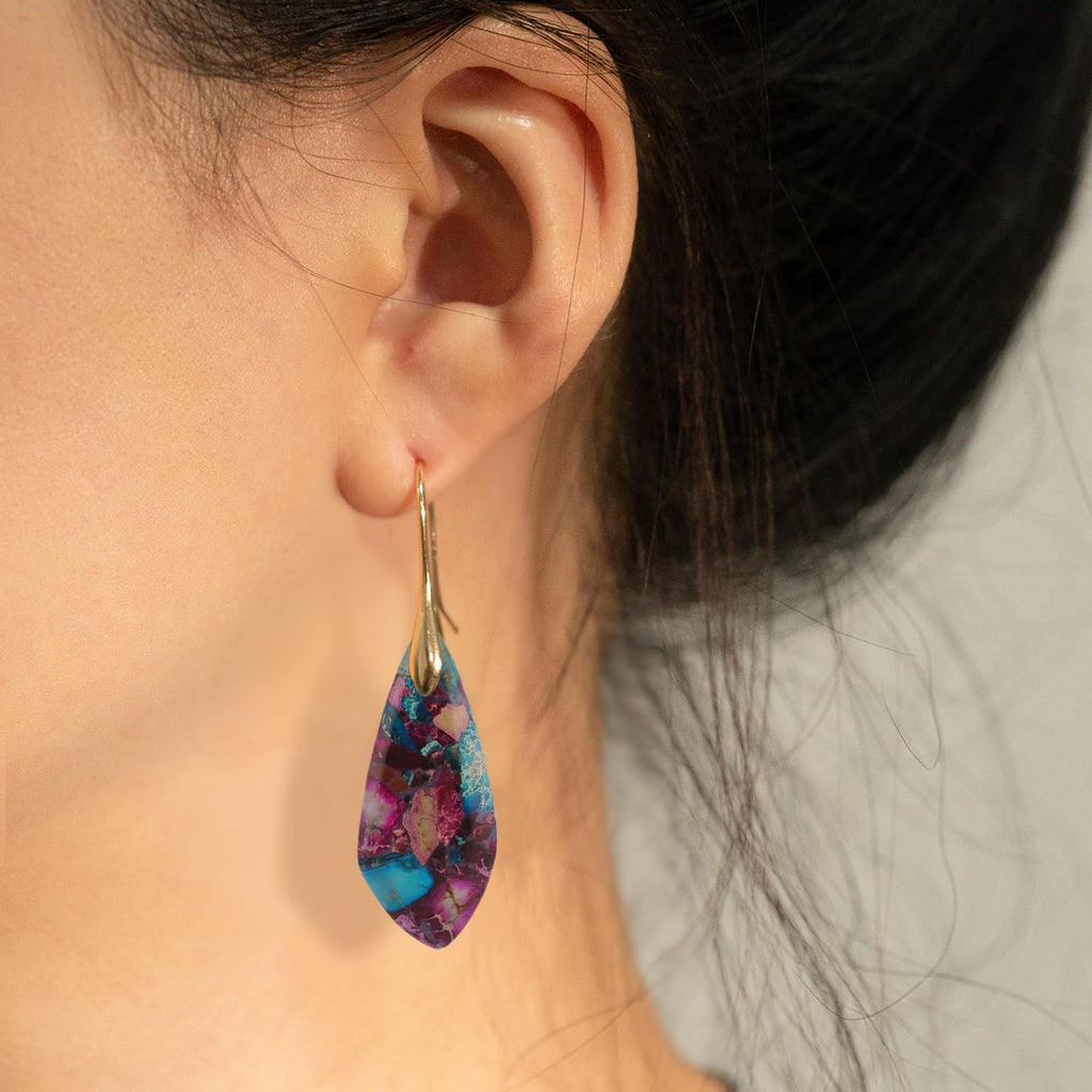 Sriomu Natural Healing Stone Fishhoop Dangle Drop Earrings Statement Gold silver earrings
