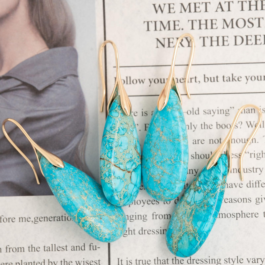 Sriomu Natural Healing Stone Fishhoop Dangle Drop Earrings Statement Gold silver earrings