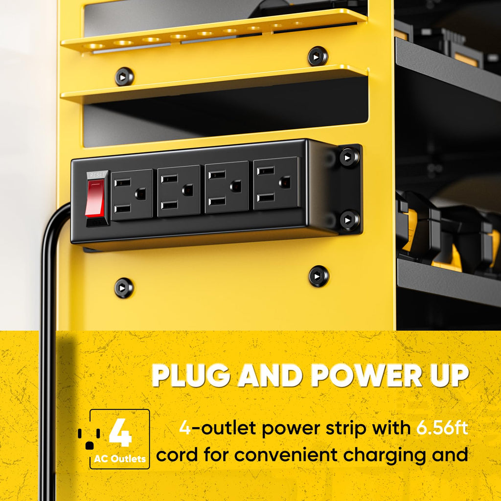 POKIPO Large Power Tool Organizer Wall Mount with Charging Station,4 Layer Heavy Duty Metal Tool Storage Rack Loads 600lbs with 8 Cordless Drill Holder,Battery Utility Rack Loads with 4 Power Strip