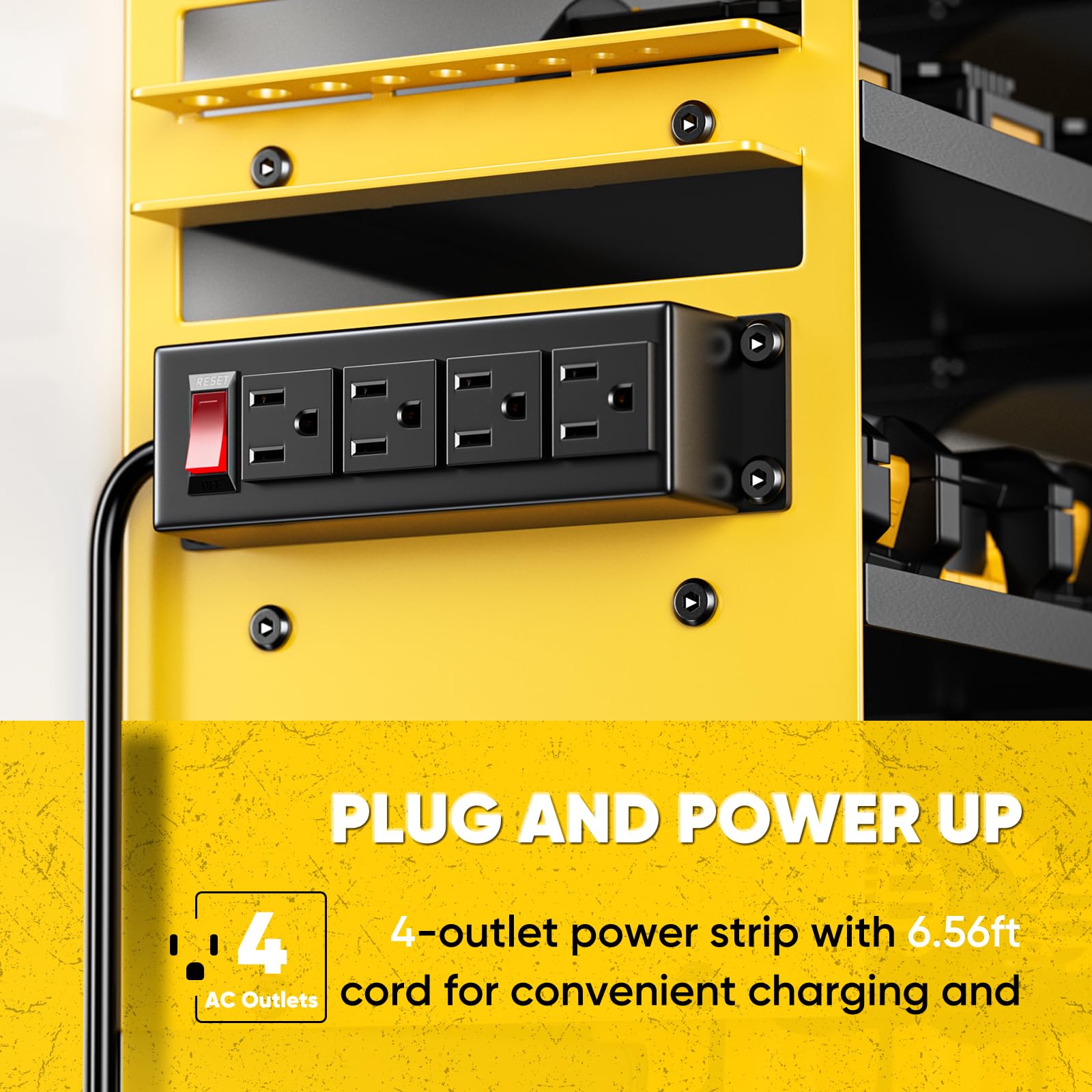 POKIPO Large Power Tool Organizer Wall Mount with Charging Station,4 Layer Heavy Duty Metal Tool Storage Rack Loads 600lbs with 8 Cordless Drill Holder,Battery Utility Rack Loads with 4 Power Strip