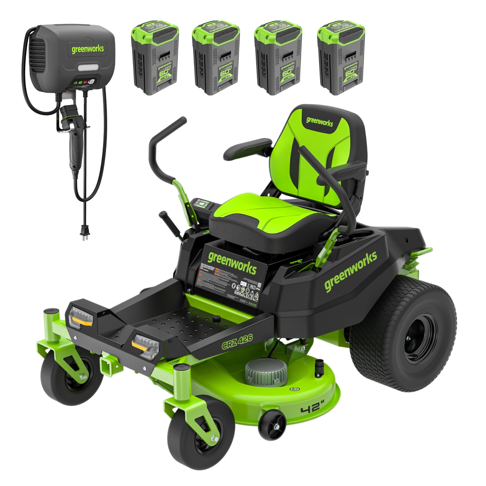 Greenworks 60V 30' Riding Lawn Mower (1.25 Acre, 16 HP Gas Equivalent, 6 MPH, Tow Up to 200 lbs.), (4) 8.0Ah Batteries (1,920 Wh Max) + Turbo Wall Charger