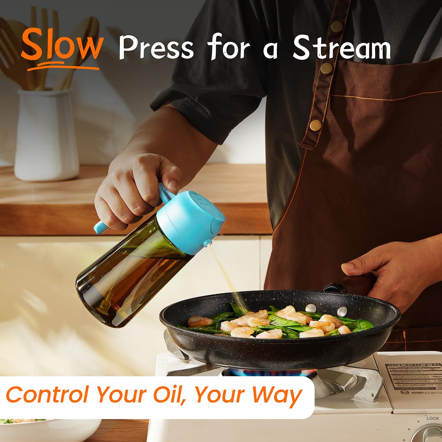 TrendPlain - Original 16oz/470ml Olive Oil Dispenser Bottle for Kitchen Gadgets and Air Fryer Accessories - Olive Oil Sprayer for Cooking w/Stickers - Black&Green