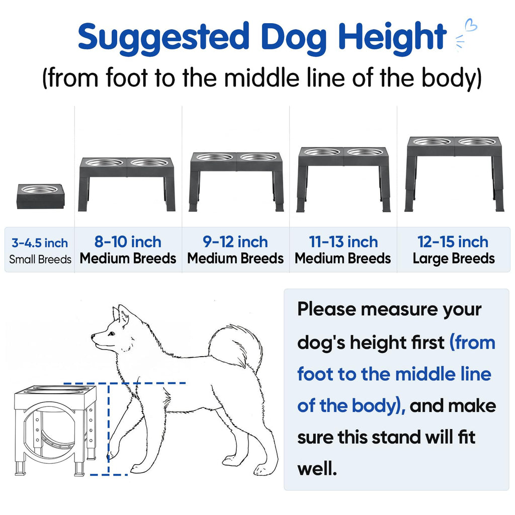 XIAZ Elevated Dog Bowls Large Breed Raised Dogs Bowl Stand Large/Medium Sized Dog Stainless Steel Food Water Bowl Stands 5 Heights Adjustable 9/11/12/14in Black Pet Feeder Dish Station