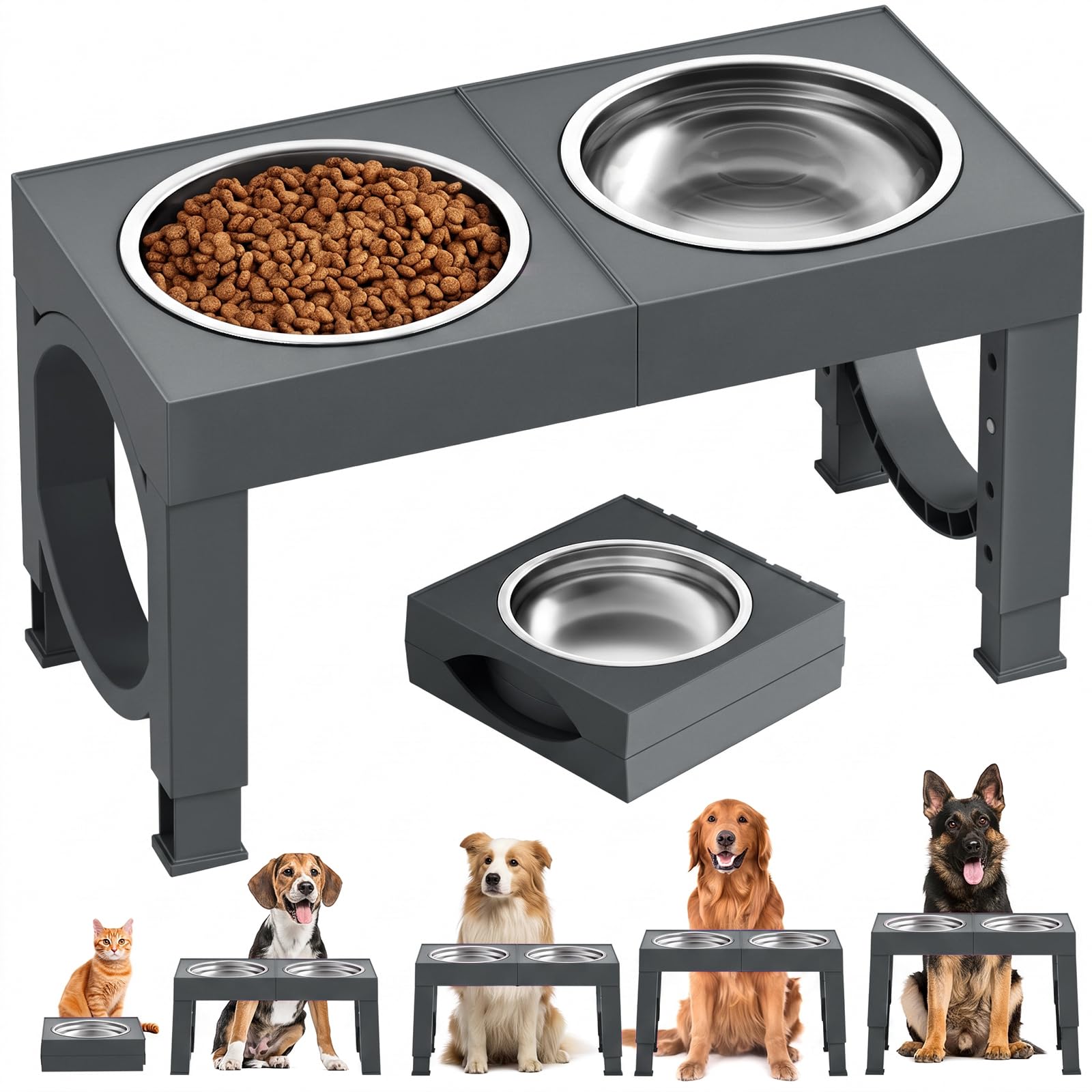XIAZ Elevated Dog Bowls Large Breed Raised Dogs Bowl Stand Large/Medium Sized Dog Stainless Steel Food Water Bowl Stands 5 Heights Adjustable 9/11/12/14in Black Pet Feeder Dish Station