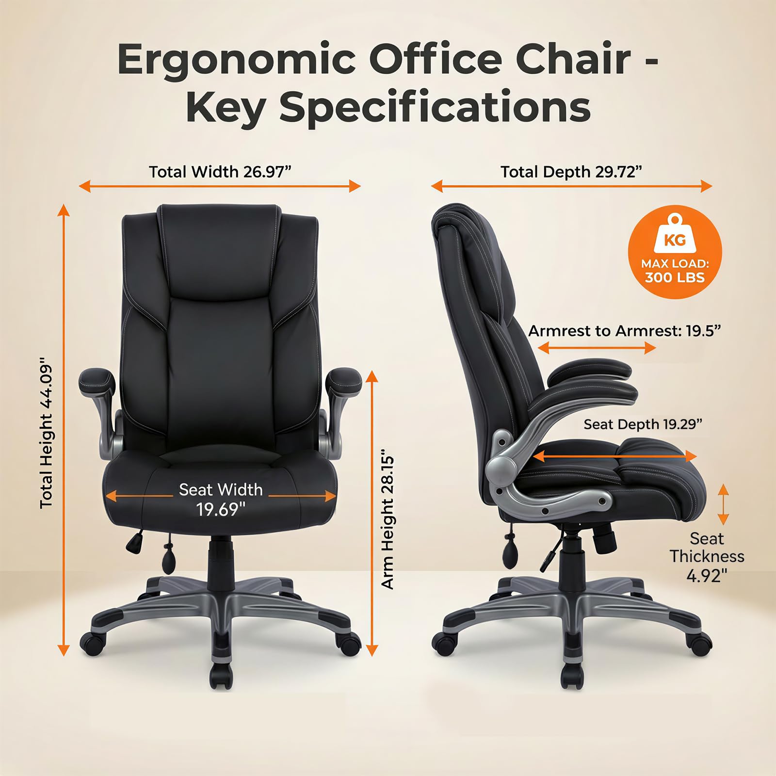 COLAMY High Back Executive Office Chair - Padded Leather Ergonomic Computer Desk Chair with Inflatable Lumbar Support & Flip-Up Arms, Adjustable Tilt Lock Swivel Task Chair for Home Office, Black