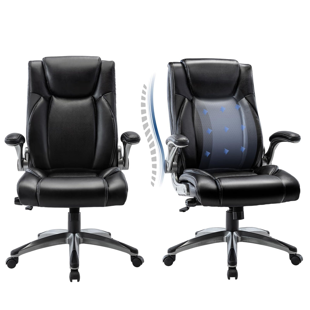 COLAMY High Back Executive Office Chair - Padded Leather Ergonomic Computer Desk Chair with Inflatable Lumbar Support & Flip-Up Arms, Adjustable Tilt Lock Swivel Task Chair for Home Office, Black