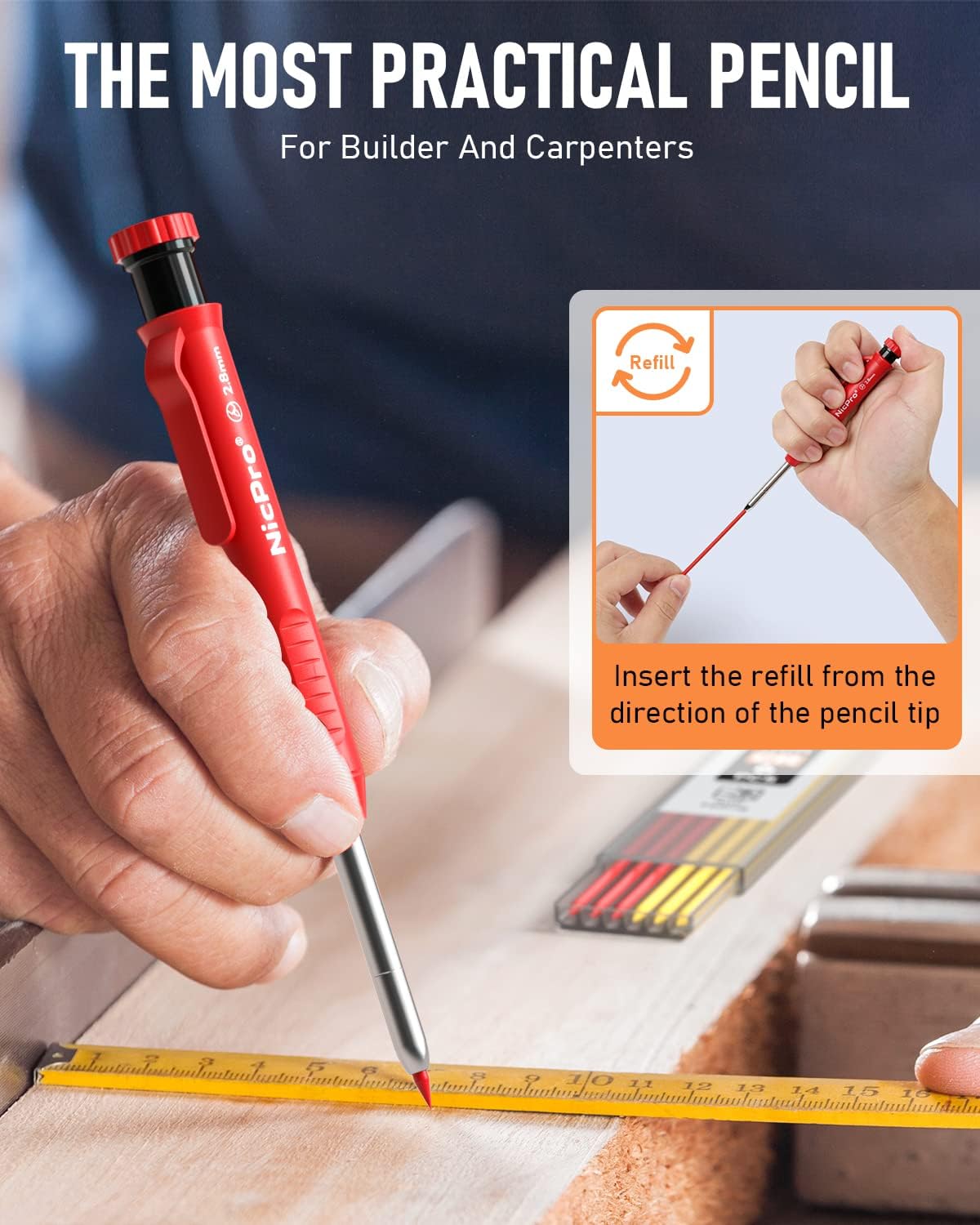 Nicpro Carpenter Pencils with Sharpener, Mechanical Pencil for Construction