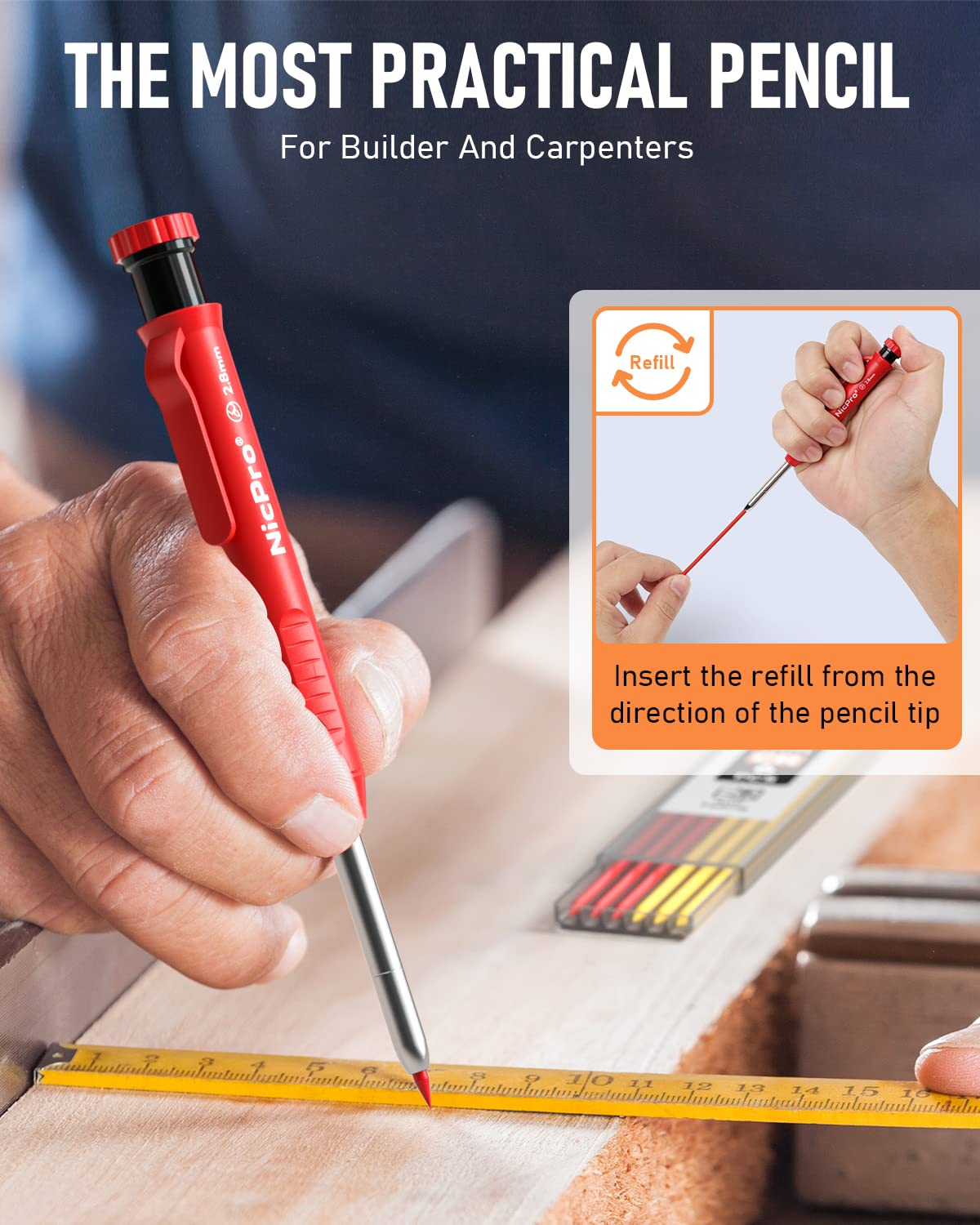 Nicpro Carpenter Pencils with Sharpener, Mechanical Pencil for Construction