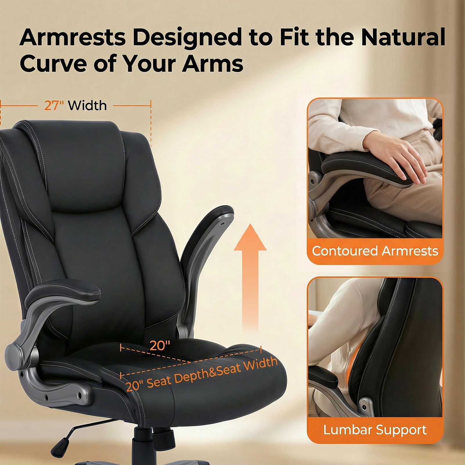 COLAMY High Back Executive Office Chair - Padded Leather Ergonomic Computer Desk Chair with Inflatable Lumbar Support & Flip-Up Arms, Adjustable Tilt Lock Swivel Task Chair for Home Office, Black