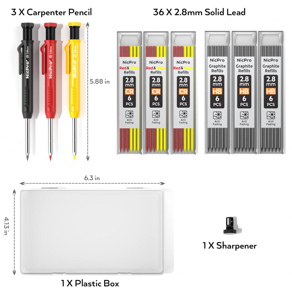 Nicpro Carpenter Pencils with Sharpener, Mechanical Pencil for Construction