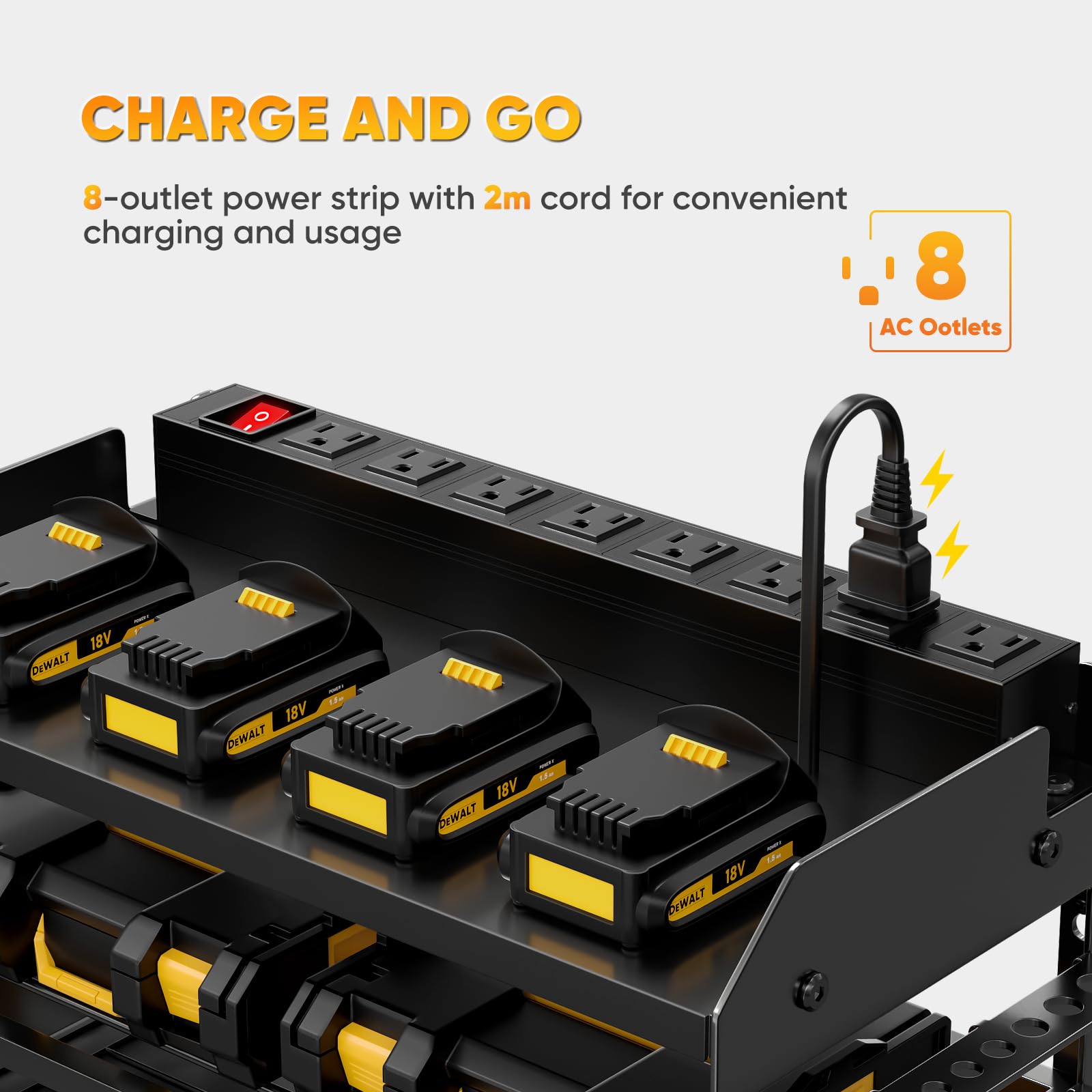 POKIPO Large Power Tool Organizer Wall Mount with Charging Station,4 Layer Heavy Duty Metal Tool Storage Rack Loads 600lbs with 8 Cordless Drill Holder,Battery Utility Rack Loads with 4 Power Strip