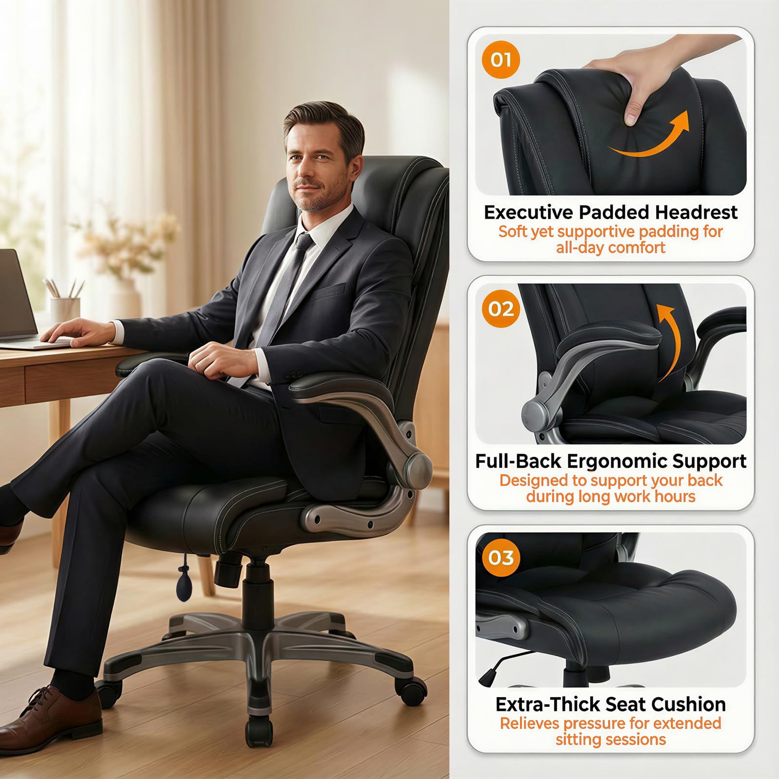 COLAMY High Back Executive Office Chair - Padded Leather Ergonomic Computer Desk Chair with Inflatable Lumbar Support & Flip-Up Arms, Adjustable Tilt Lock Swivel Task Chair for Home Office, Black