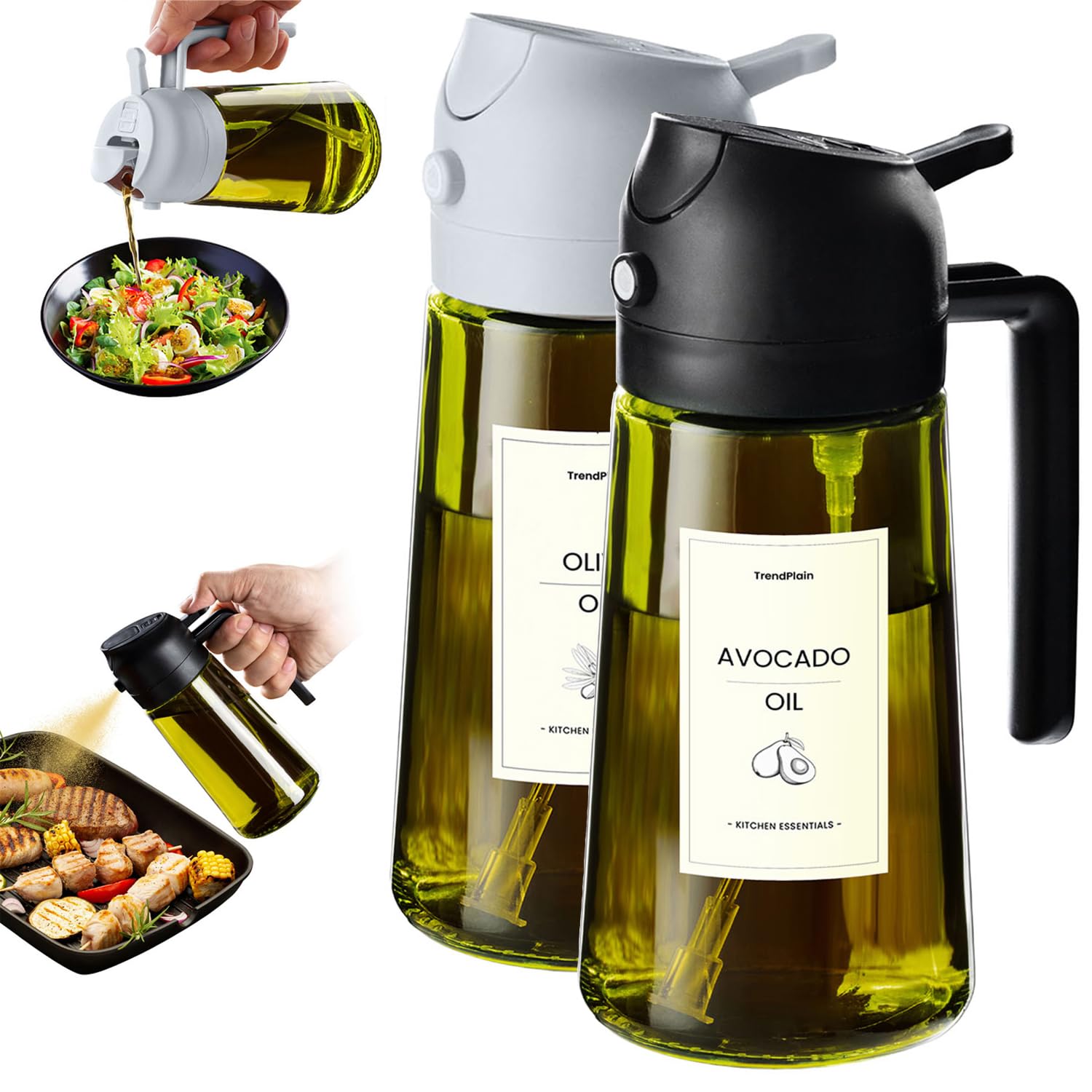 TrendPlain - Original 16oz/470ml Olive Oil Dispenser Bottle for Kitchen Gadgets and Air Fryer Accessories - Olive Oil Sprayer for Cooking w/Stickers - Black&Green