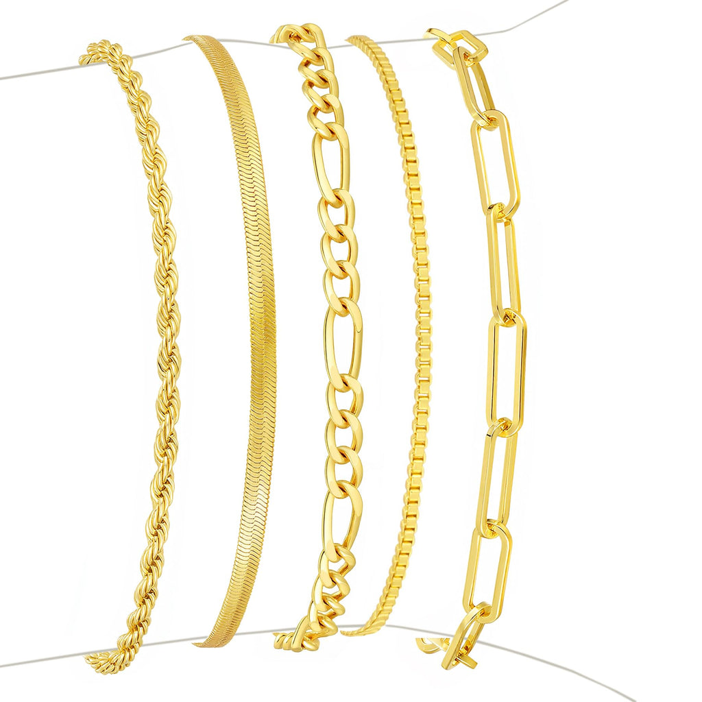 Gold Bracelets for Women, 14K Gold Plated Stackable Bracelet Stack Set Adjustable Charm Paperclip Chain Snake Link Layered Waterproof Jewelry Sets Gifts