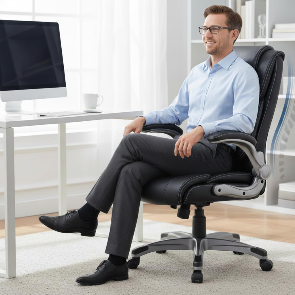 COLAMY High Back Executive Office Chair - Padded Leather Ergonomic Computer Desk Chair with Inflatable Lumbar Support & Flip-Up Arms, Adjustable Tilt Lock Swivel Task Chair for Home Office, Black