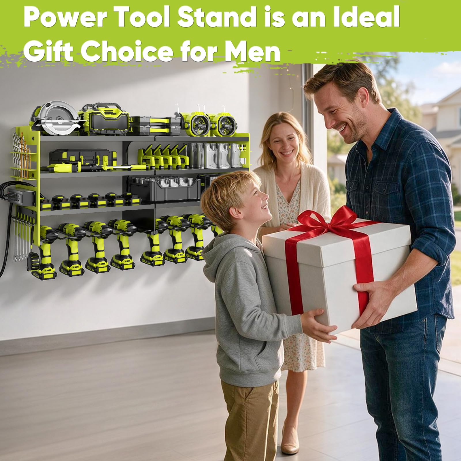 POKIPO Large Power Tool Organizer Wall Mount with Charging Station,4 Layer Heavy Duty Metal Tool Storage Rack Loads 600lbs with 8 Cordless Drill Holder,Battery Utility Rack Loads with 4 Power Strip