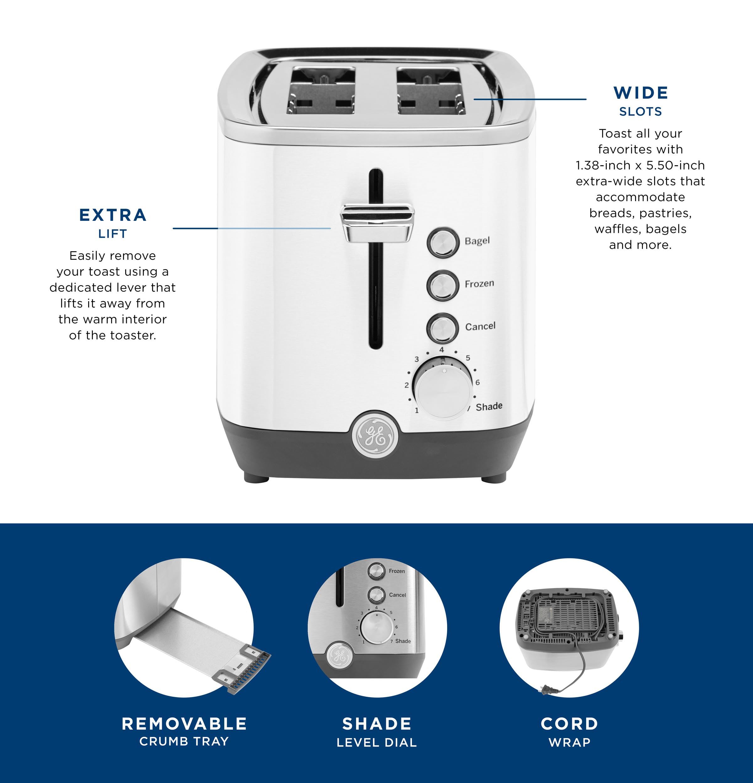 GE 4 Slice Toaster | Extra Wide Slots for Bagels, Breads, Waffles & More | 7 Shade Options | Countertop Kitchen Essentials | 1500 watt, White