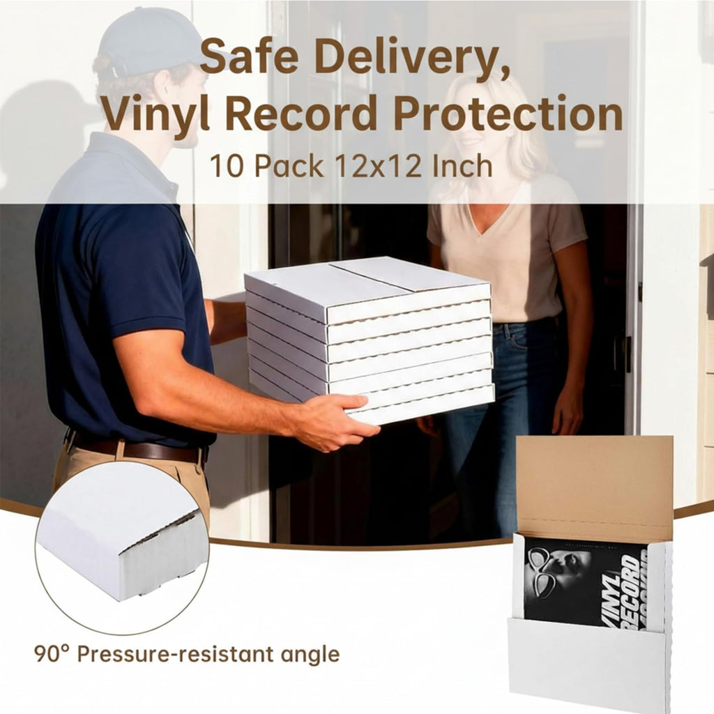50 Pack Vinyl Record Shipping Boxes: 12.5" X 12.5" x 1" White Vinyl Record LP Shipping Mailer Boxes, Easy Fold LP Cardboard Mailing Boxes Multi Depth Album Mailers for Packaging Moving Storage