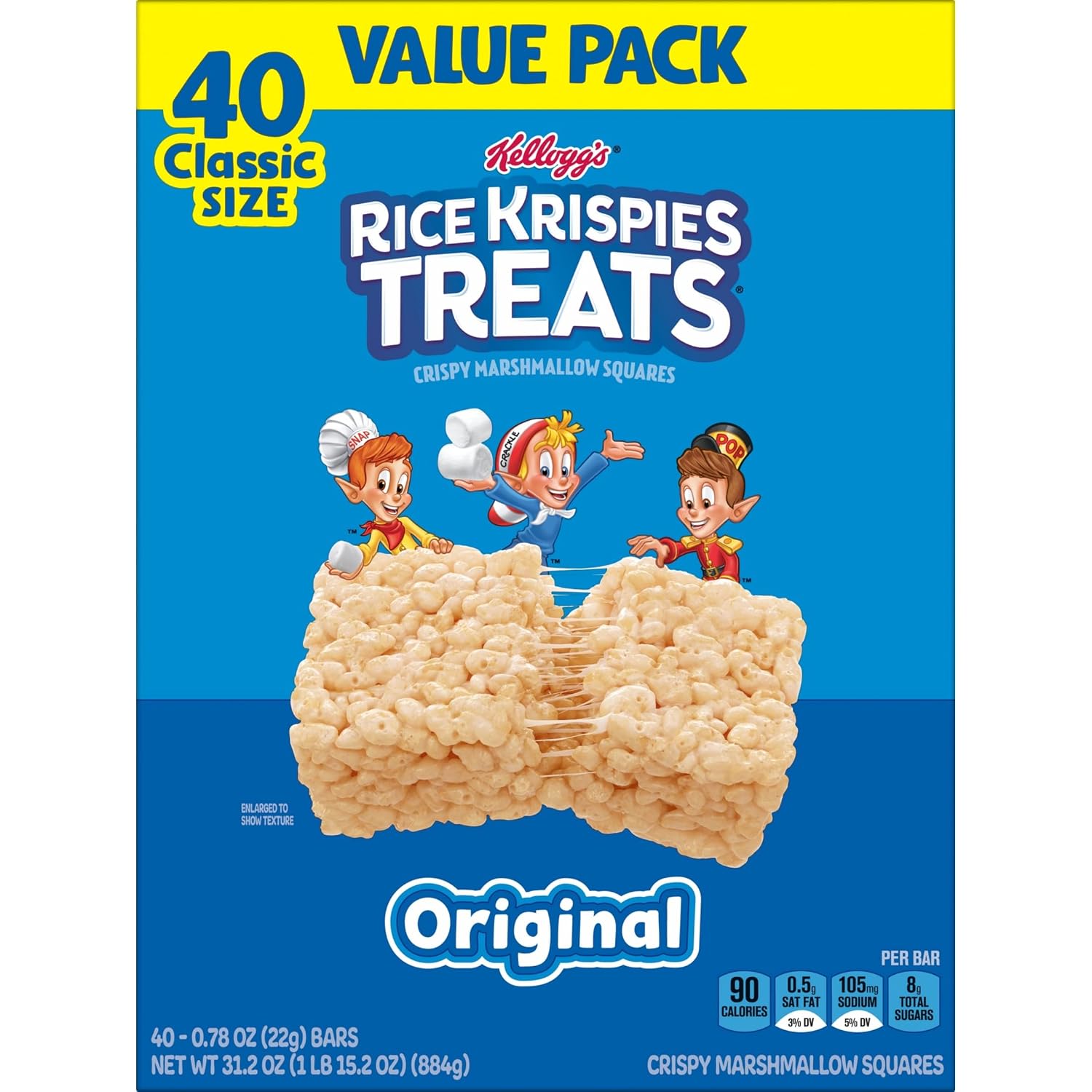 Rice Krispies Treats Crispy Marshmallow Squares, Kids Snacks, Cereal Bars, Original, 31.2oz Box (40 Bars)