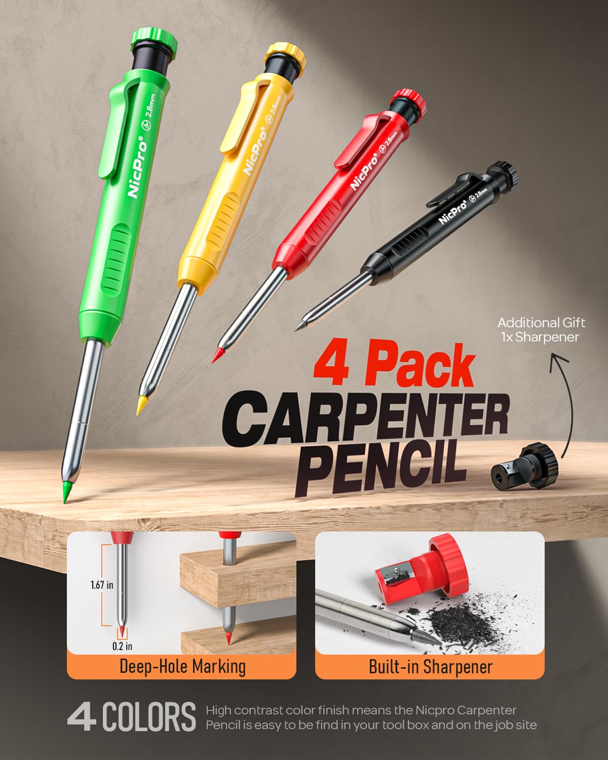Nicpro Carpenter Pencils with Sharpener, Mechanical Pencil for Construction