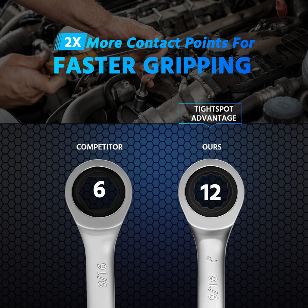 DISEN 10Pcs Ratcheting Wrench Set SAE & Metric Ratchet Wrench Set with Rack Organizer, Premium CR-v Steel, 12 Point, 72 Teeth,Box End and Open End Ratcheting Wrench Set,Metric 10-15mm&SAE 3/8''-5/8''