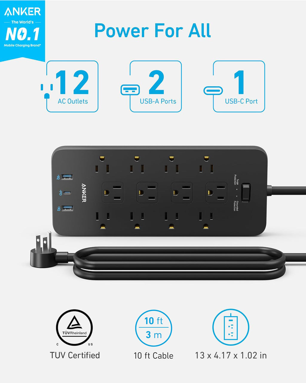 Anker Power Strip with 2100J Surge Protector, Outlet Extender, 20W, 12 AC