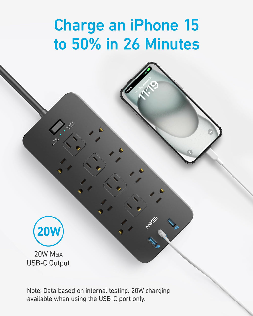 Anker Power Strip with 2100J Surge Protector, Outlet Extender, 20W, 12 AC
