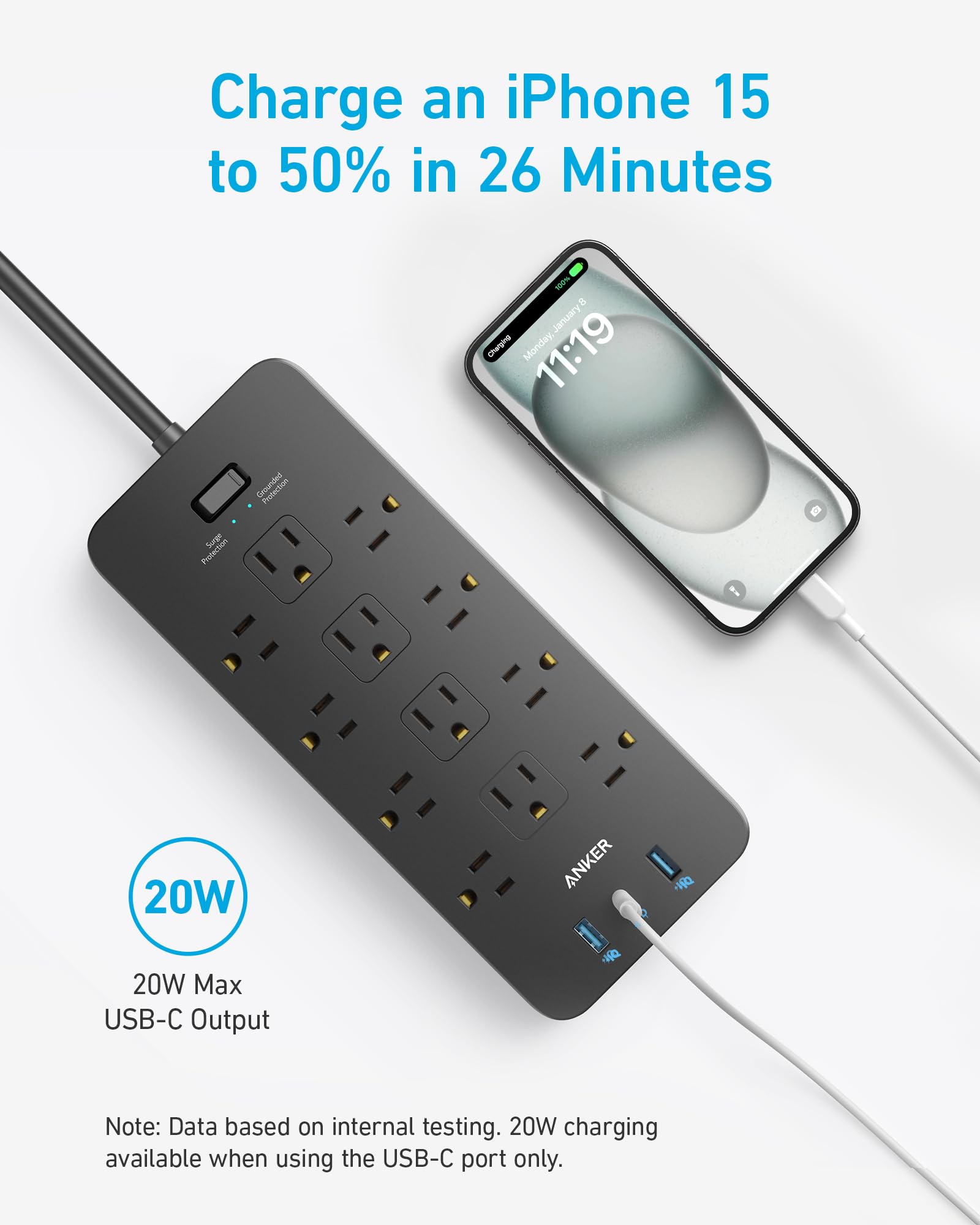 Anker Power Strip with 2100J Surge Protector, Outlet Extender, 20W, 12 AC