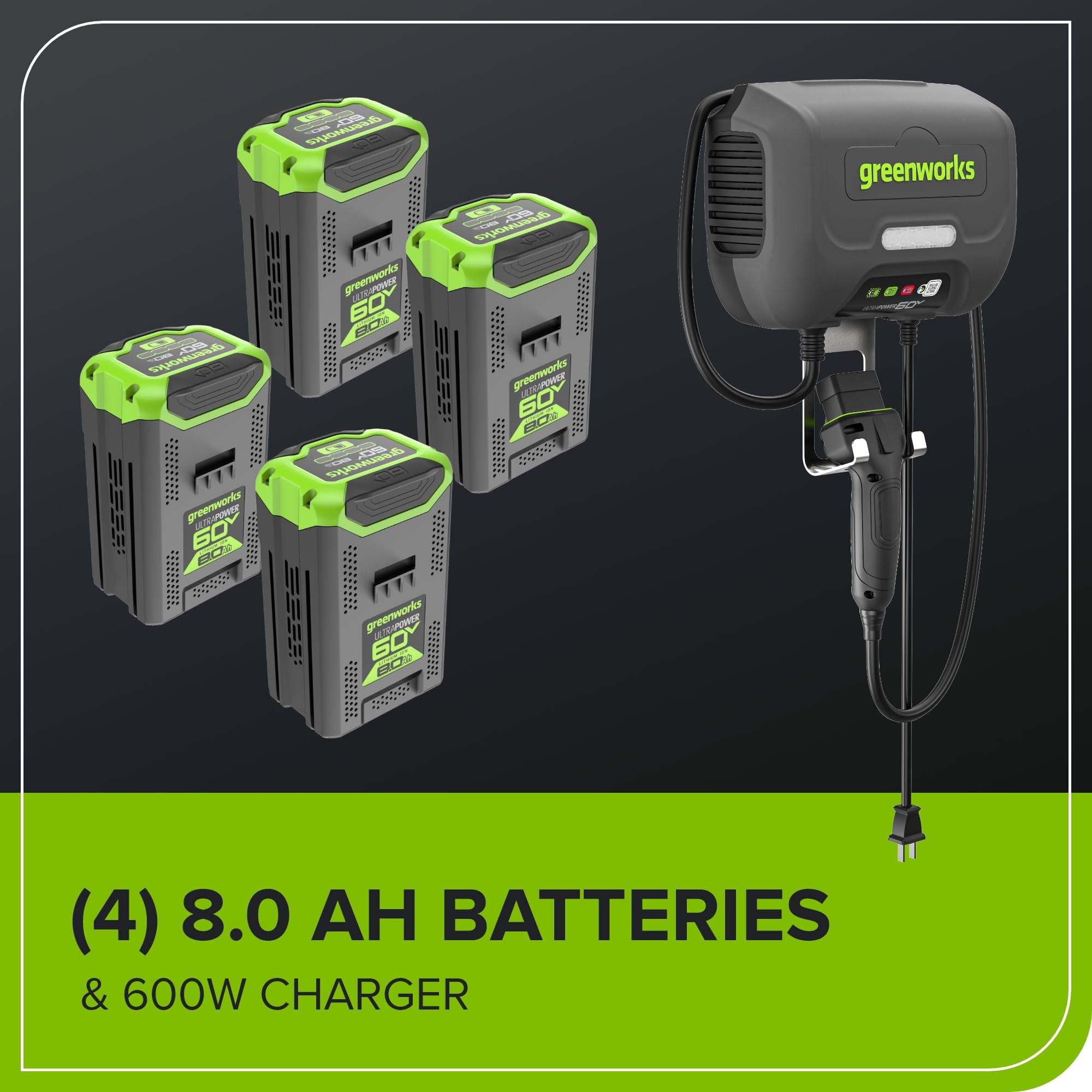 Greenworks 60V 30' Riding Lawn Mower (1.25 Acre, 16 HP Gas Equivalent, 6 MPH, Tow Up to 200 lbs.), (4) 8.0Ah Batteries (1,920 Wh Max) + Turbo Wall Charger
