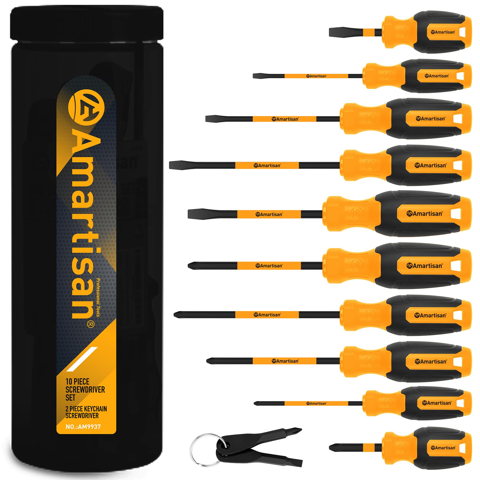 Amartisan 10-Piece Magnetic Screwdrivers Set, 5 Phillips and 5 Slotted Tips Professional Cushion Grip Screwdriver Set 2pcs Portable Multifunction Key Mini Screwdriver (Yellow)