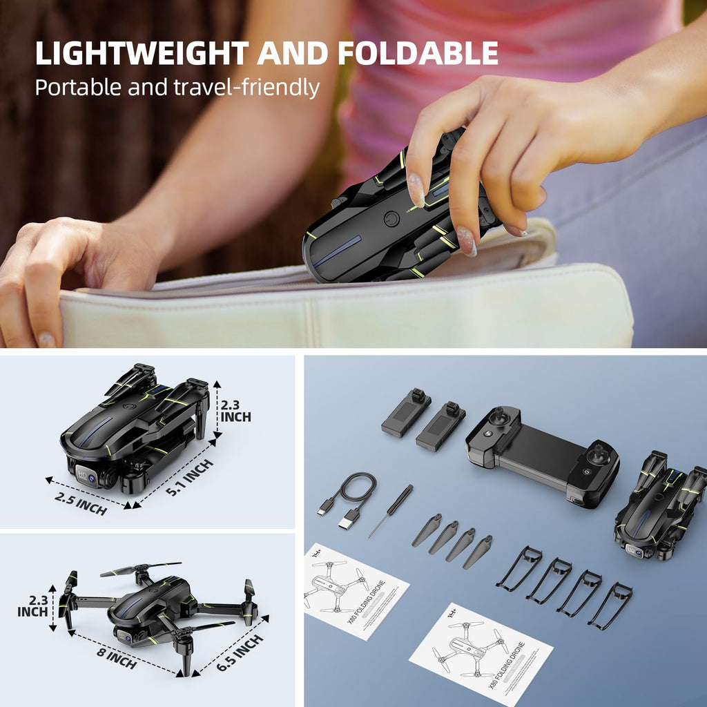Drone with Camera for Adults Beginners Kids, Fun 1080P Foldable Mini Drone for Exciting Indoor Outdoor Play, RC Quadcopter with 2 Batteries, One Key Start, Easy to Fly, Altitude Hold, 3D Flips