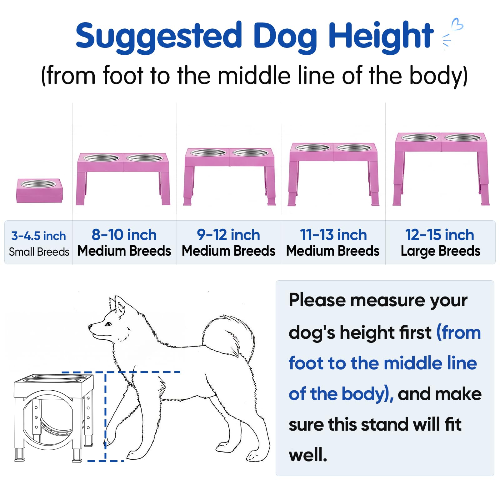 XIAZ Elevated Dog Bowls Large Breed Raised Dogs Bowl Stand Large/Medium Sized Dog Stainless Steel Food Water Bowl Stands 5 Heights Adjustable 9/11/12/14in Black Pet Feeder Dish Station