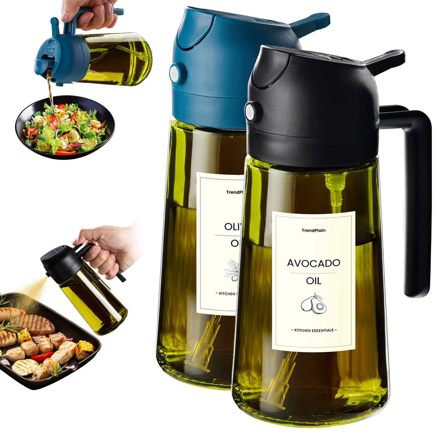 TrendPlain - Original 16oz/470ml Olive Oil Dispenser Bottle for Kitchen Gadgets and Air Fryer Accessories - Olive Oil Sprayer for Cooking w/Stickers - Black&Green