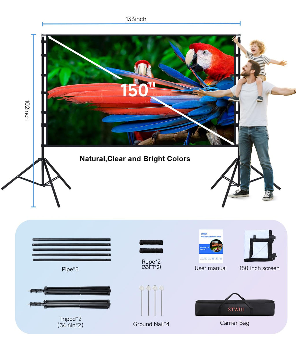 STWUI Outdoor-Projector-Screen-with-Stand - 120 inch Portable Projector Screen Indoor Outdoor Projector Screens 16:9 4K HD Lightweight Movie Screen with Carry Bag for Backyard Movie Night