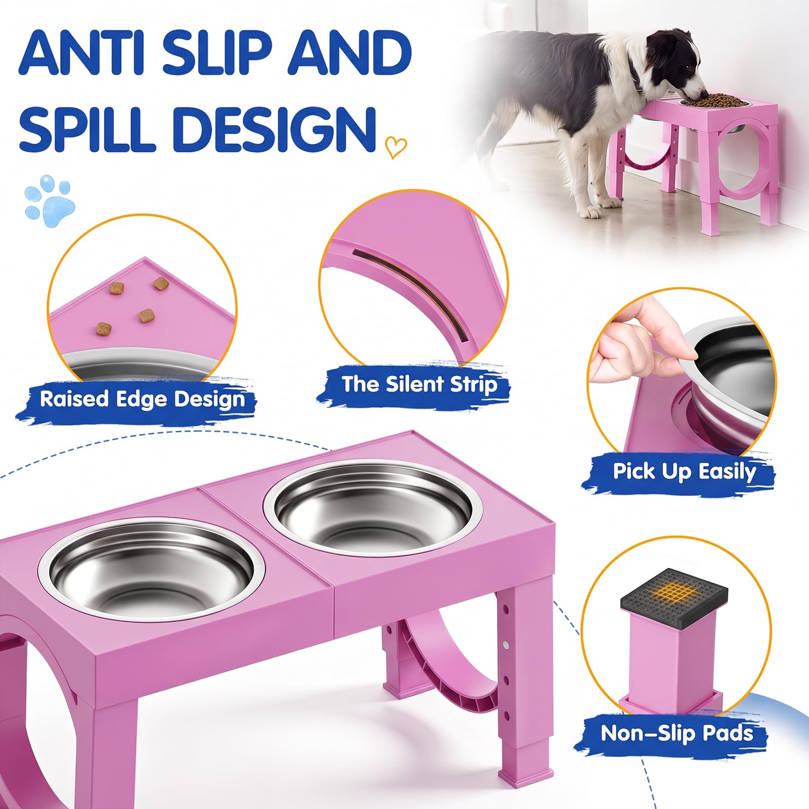 XIAZ Elevated Dog Bowls Large Breed Raised Dogs Bowl Stand Large/Medium Sized Dog Stainless Steel Food Water Bowl Stands 5 Heights Adjustable 9/11/12/14in Black Pet Feeder Dish Station