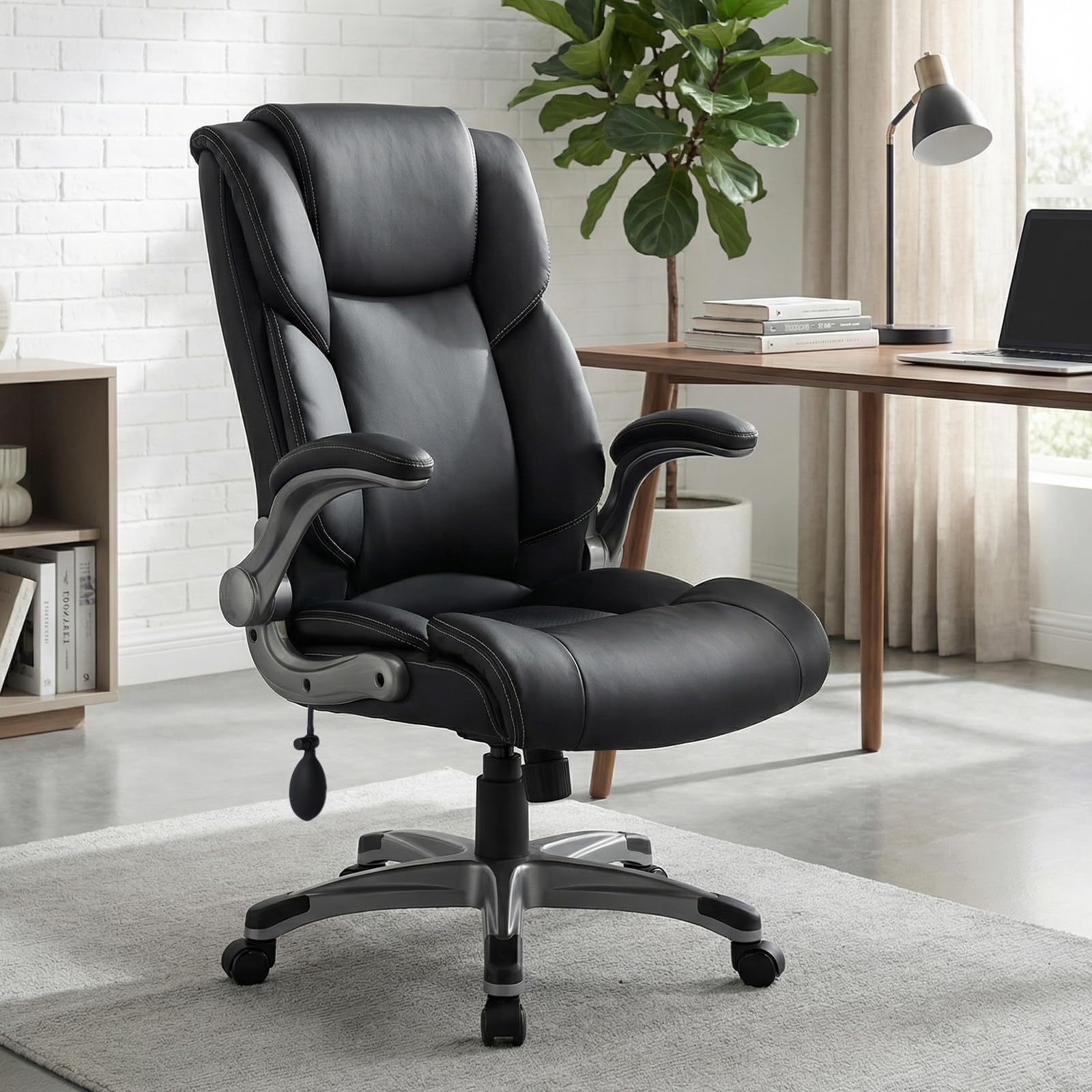 COLAMY High Back Executive Office Chair - Padded Leather Ergonomic Computer Desk Chair with Inflatable Lumbar Support & Flip-Up Arms, Adjustable Tilt Lock Swivel Task Chair for Home Office, Black