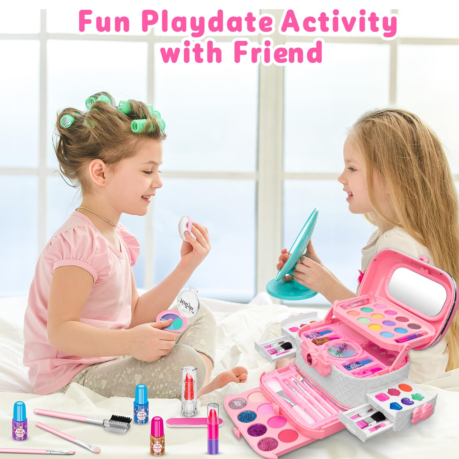 Hollyhi 58 Pcs Kids Makeup Toys Kit for Girls, Real Washable Make Up Set
