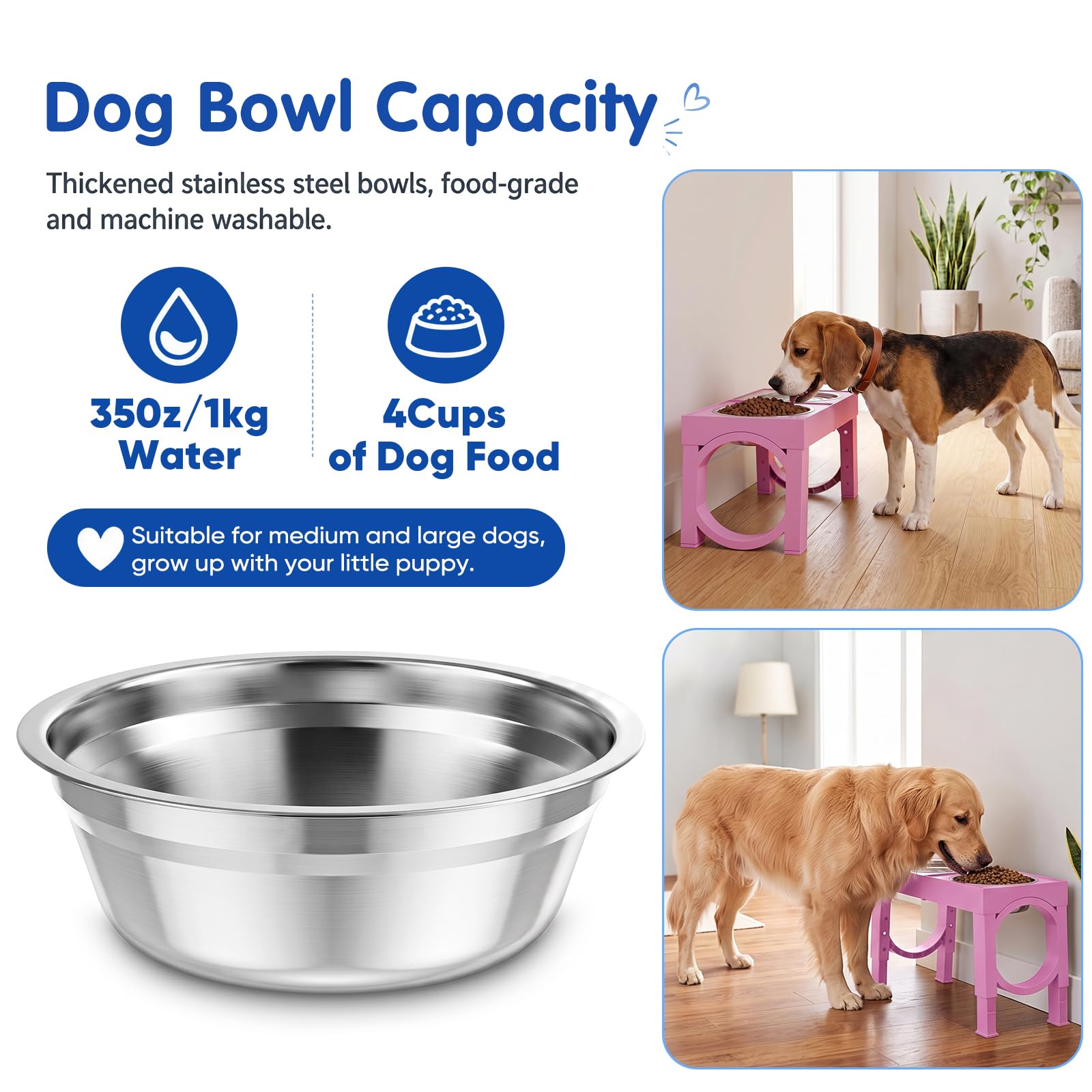 XIAZ Elevated Dog Bowls Large Breed Raised Dogs Bowl Stand Large/Medium Sized Dog Stainless Steel Food Water Bowl Stands 5 Heights Adjustable 9/11/12/14in Black Pet Feeder Dish Station