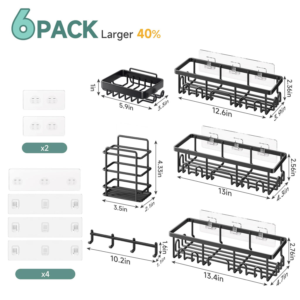 Veken Shower Caddy 6-Pack, Bathroom Organizers and Storage Shelves, Black