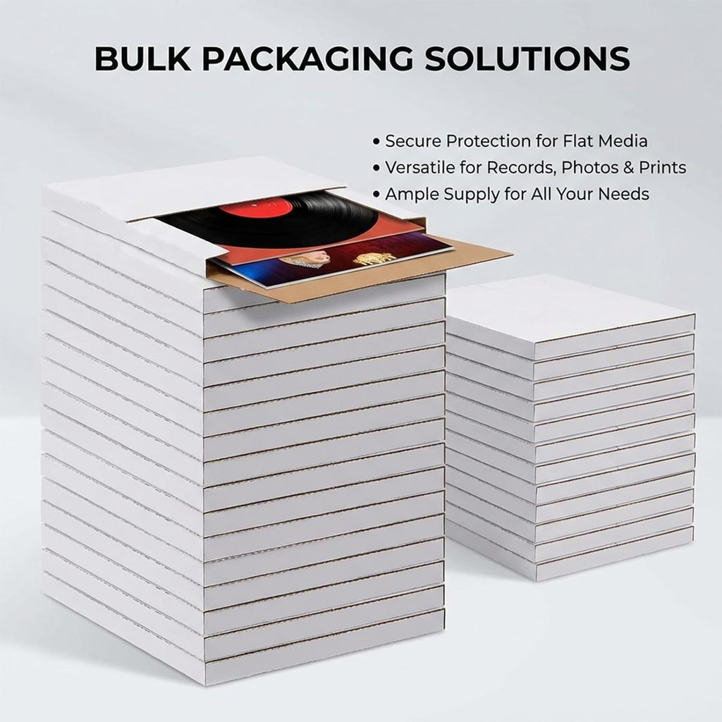 50 Pack Vinyl Record Shipping Boxes: 12.5" X 12.5" x 1" White Vinyl Record LP Shipping Mailer Boxes, Easy Fold LP Cardboard Mailing Boxes Multi Depth Album Mailers for Packaging Moving Storage